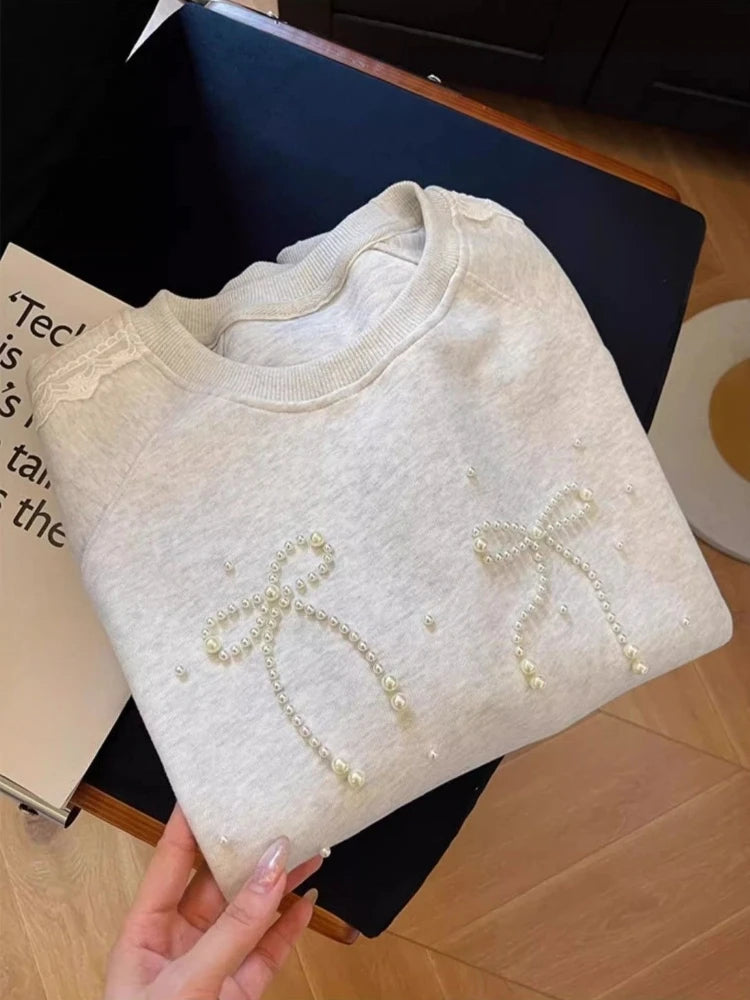 Grey Woman Pullover Tops Lace Emo Cotton Y2k Style New in Dropshiping Vintage 2025 Trend Basic Matching Bow Sweatshirt for Women