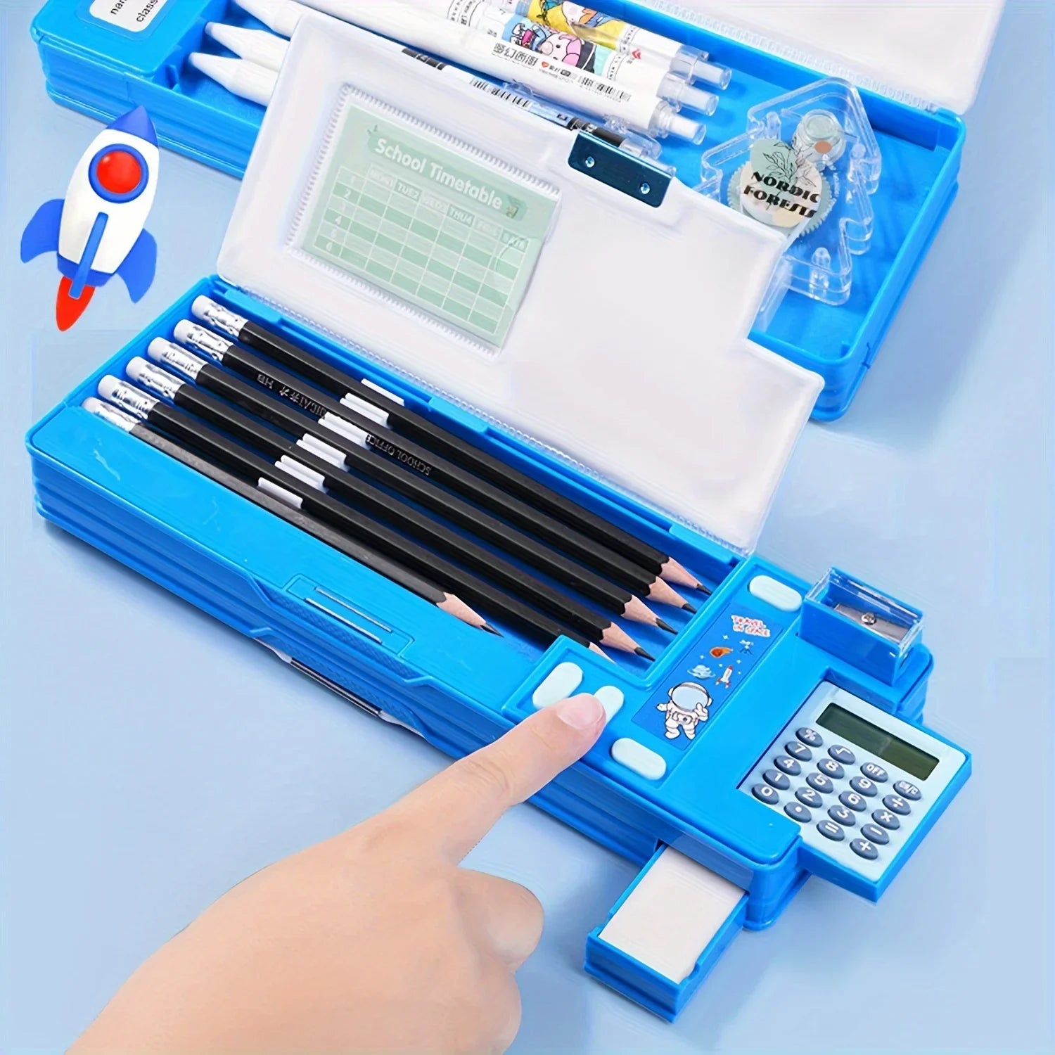 Kids Multifunctional Pencil Case with Calculator, Desk Organizer for Pens, Pencils, Markers, Office Supplies, Pink and Purple De