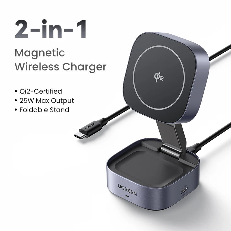 BR Sale UGREEN 15W Magnetic Wireless Charger 2-in-1 Charging Stand For iPhone 16 17 Pro Max/AirPods For Magsafe Fast Charger
