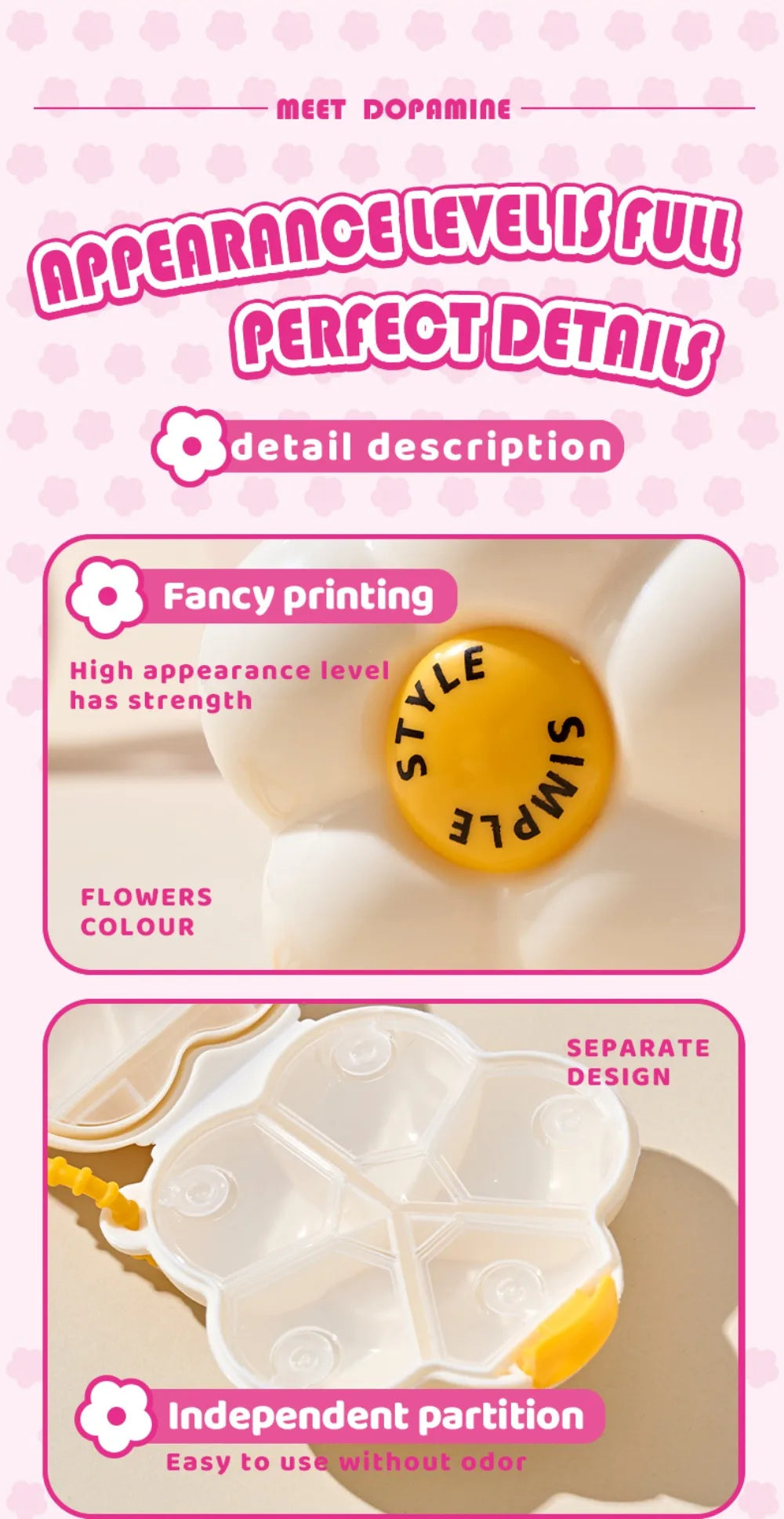 Cute Flowers Storage Box Pendant Dopamine with Dividers Jewelry Case Waterproof Plastic Medicine Box Travel