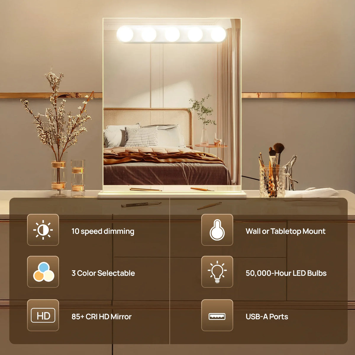 Makeup Mirror LED Light Bulbs Vanity Lights USB Adjustable Brightness and Colour Temperature Bathroom Dressing Table Lighting