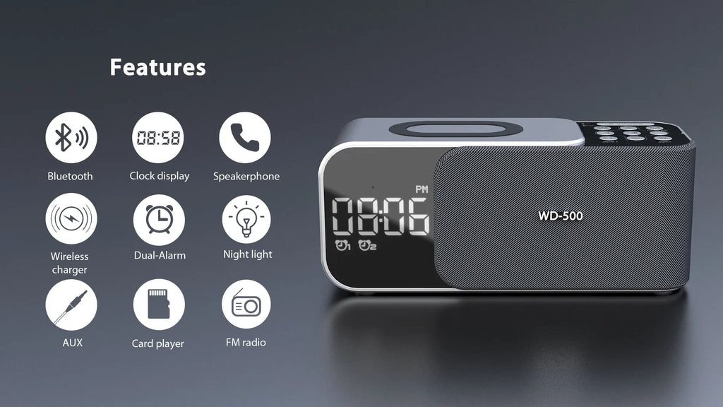 WD-500 Digital Led Mirror Alarm Clock Night Light Led Bluetooth Speakers with Wireless Charger Stereo Speakers