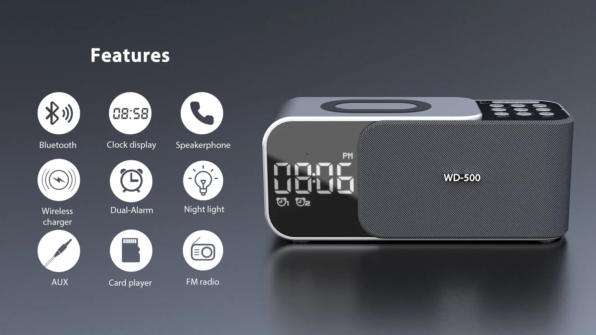 WD-500 Digital Led Mirror Alarm Clock Night Light Led Bluetooth Speakers with Wireless Charger Stereo Speakers