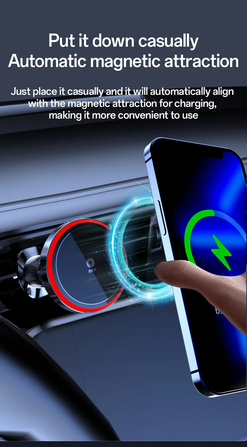 25W Air-Cooling Car Wireless Charger LED Light Phone Stand Magnetic Fast Charging Station For Magsafe iPhone 17~12 Pro Max
