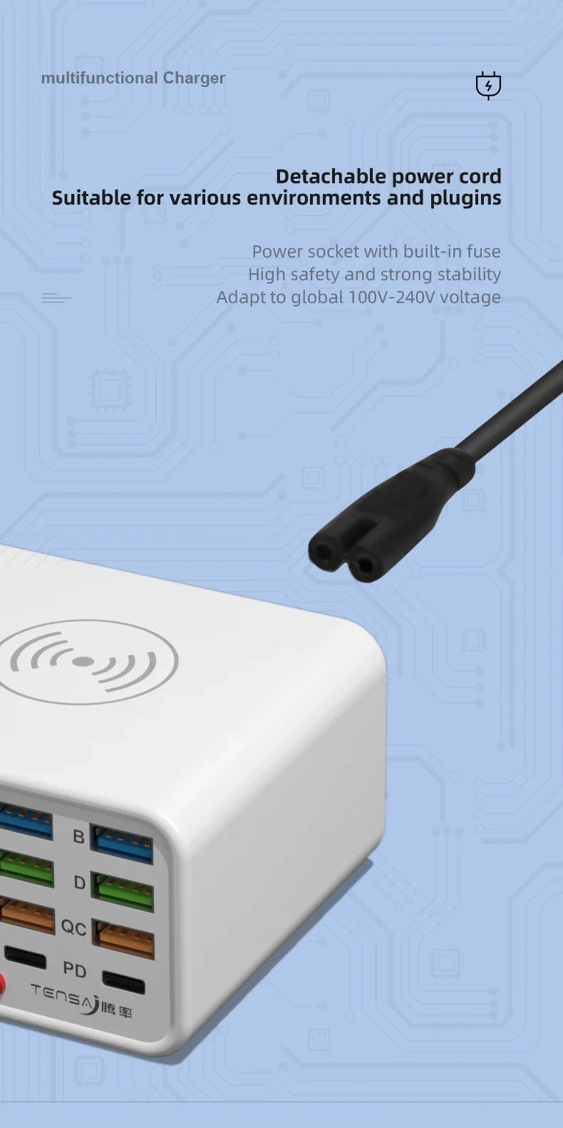 Multi-function Dianba NO.1 Pro 200W 20V 5A PD QC3.0 Fast Wireless Charger 8 Port USB Type C Mobile Phone Charger Desktop Hub