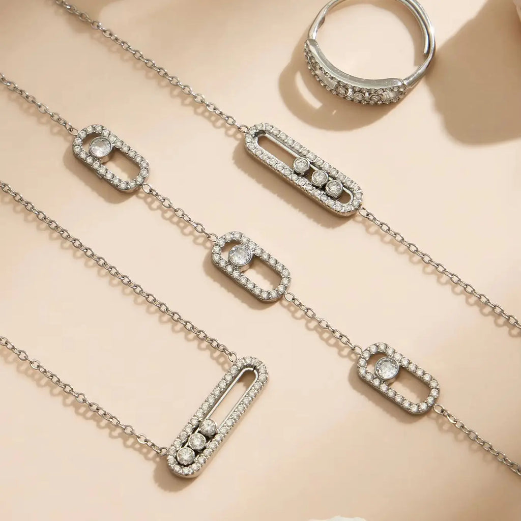 Three Slidable Zircon Pendant Necklace Bracelet Ring 18k Gold Plated Stainless Steel Chain Necklaces Bracelets Rings Jewelry Set