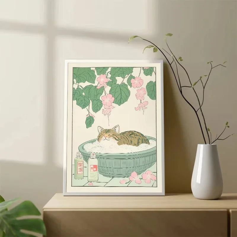 Cat in the Bathtub Japanese Vintage Classic Tiger Cat Wall Art Japanese Bathroom Toilet Poster Home Living Room Bedroom Decor