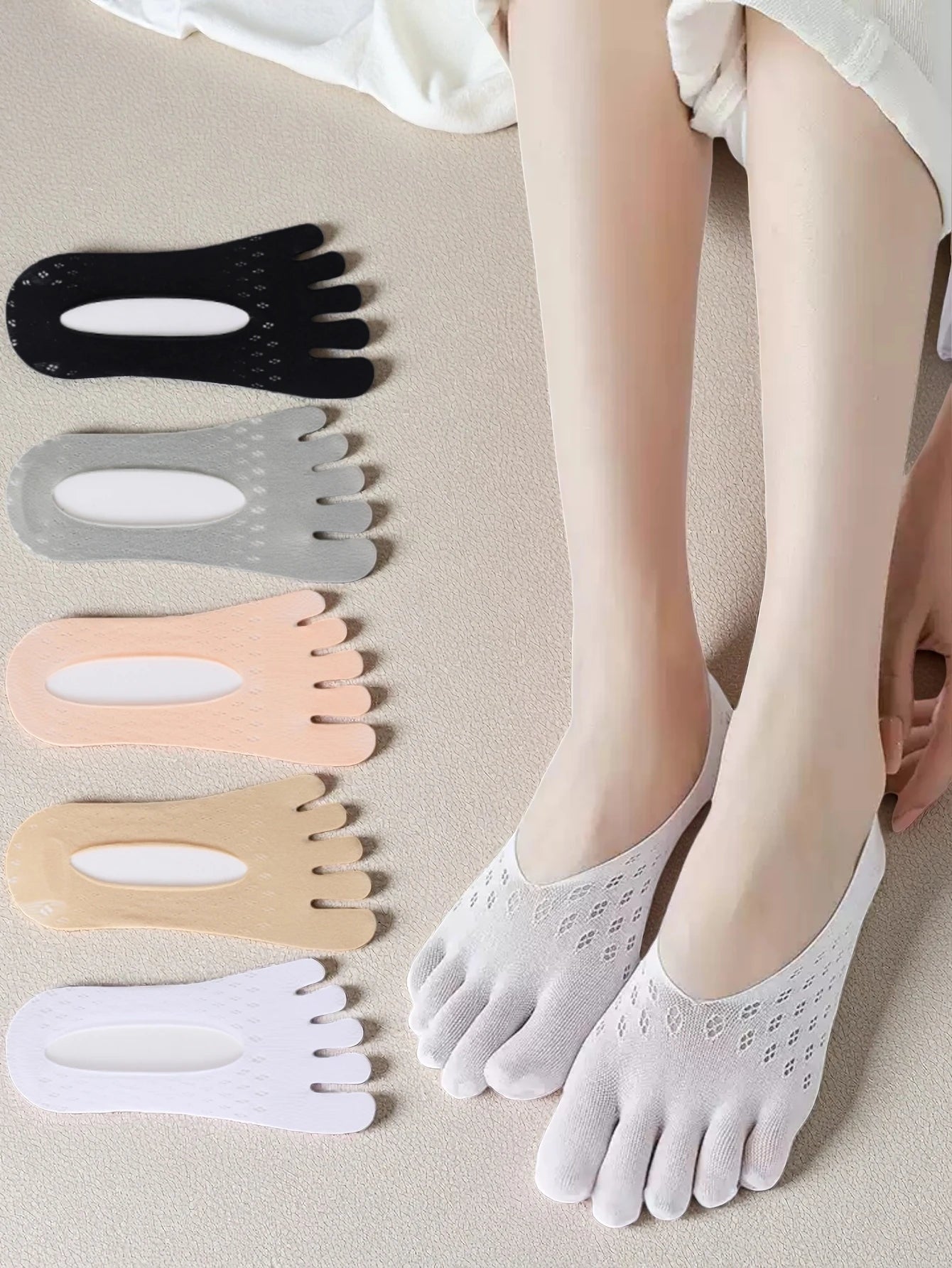 Women's Toe Socks, No Show Invisible Socks, Silicone Non-Slip Ladies Boat Socks, Low Cut, Breathable, Sweat Absorbing, Summer Thin