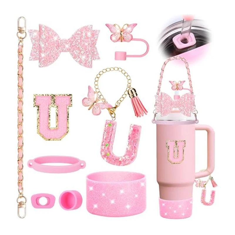 9PCS Set Bling Pink For Stanley Cup Cute Bow Letter Decoration 30oz 40oz Cup Spill Proof Stopper Keychain Handle Cup Accessoriy