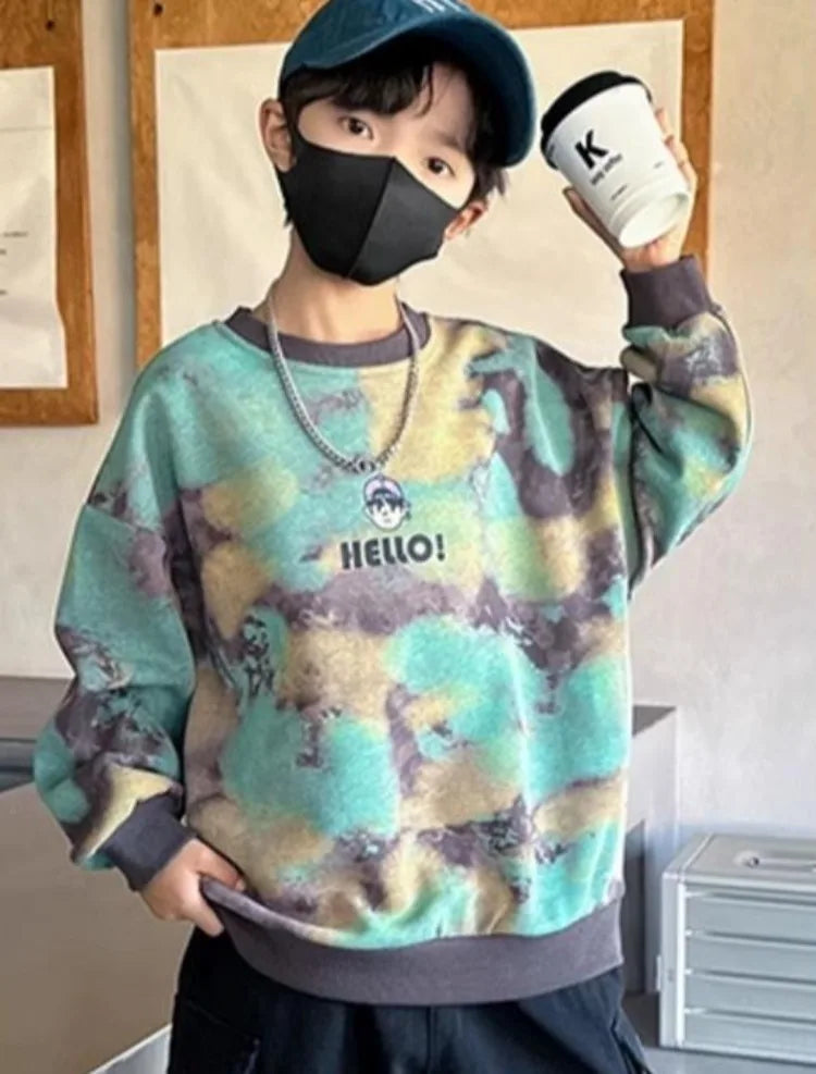 Boys' Mid-Large Size 2025 New Autumn-Winter & Spring-Autumn Long Sleeve Fleece-Lined Thickened Stylish Sweatshirt