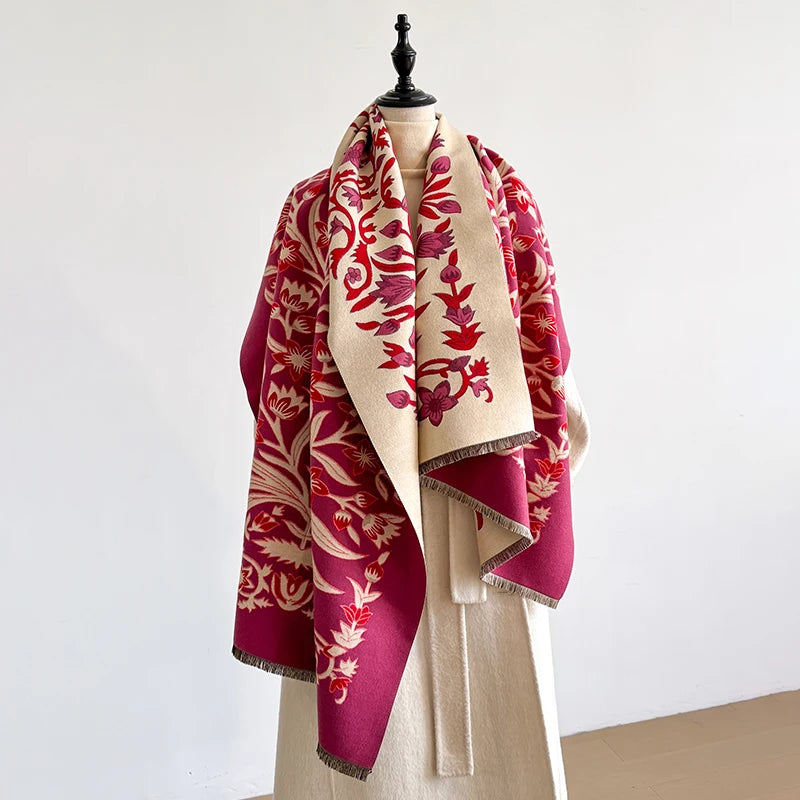 Women's Winter Luxury Thick Warm Pashmina Wrap Imitation Cashmere Scarf with Striped Jacquard Design for Casual Wear