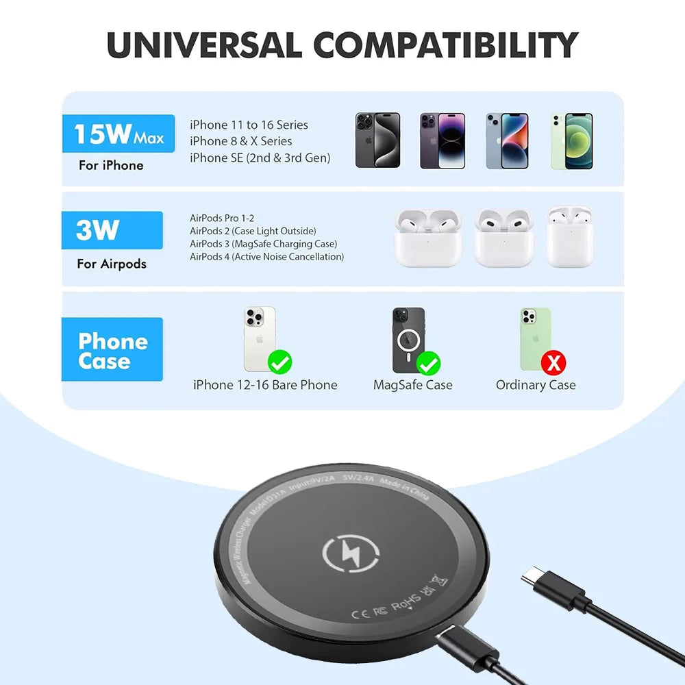 Magnetic Wireless Charger Pad Stand For Magsafe iPhone 17 16 Pro Max 15 14 13 12 Airpods 4 Pro 3/2 Magnet Fast Charging Station