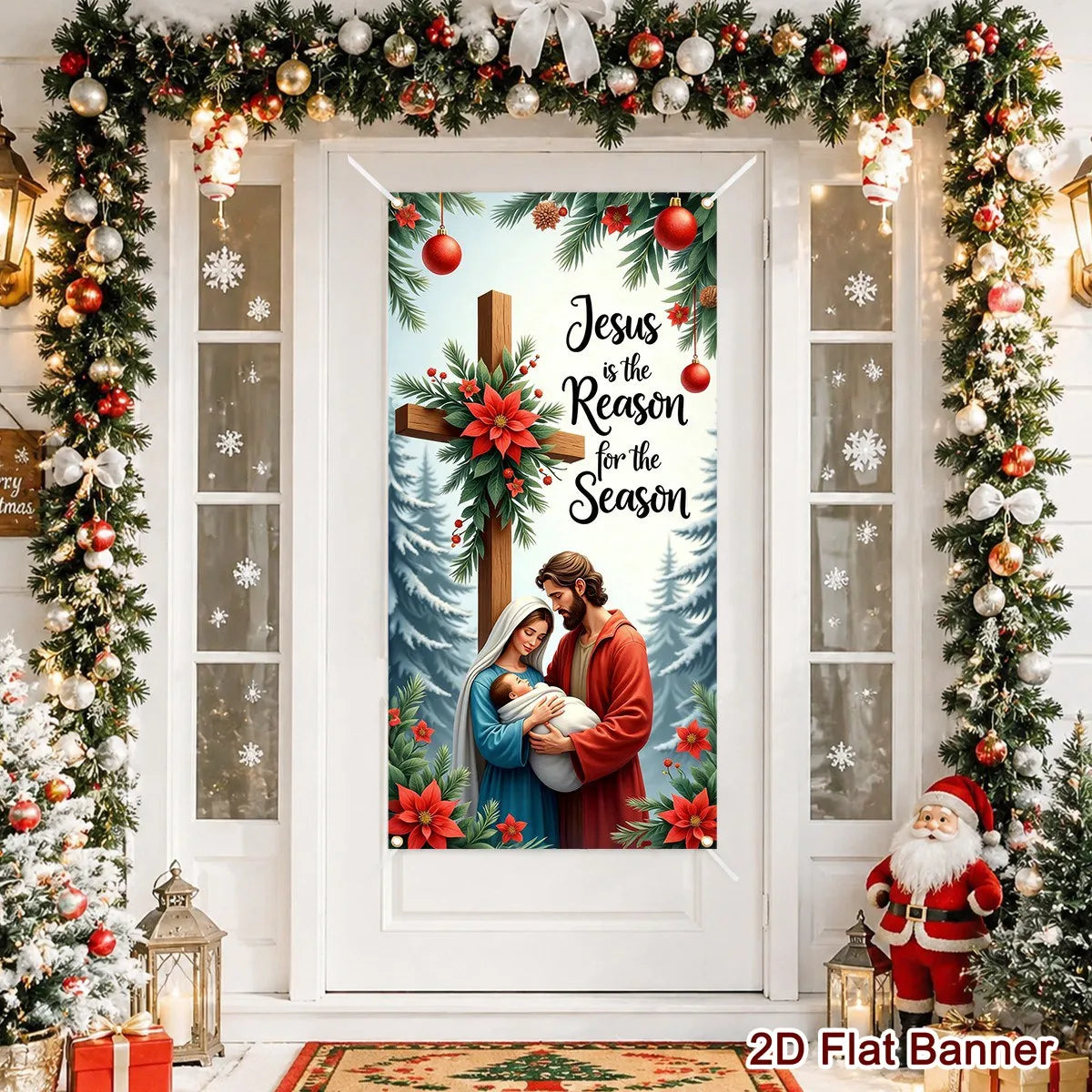 Christmas Door Banner-Nativity Cross Design 60*120cm Polyester Door Cover Entrance Decoration Holiday Decor Christmas Ornament