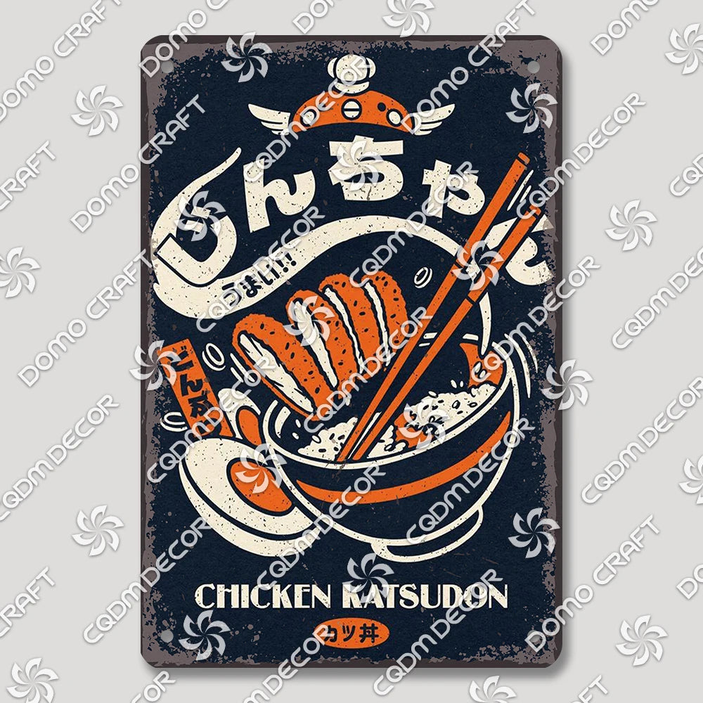Cartoon Cat Japanese Food Plaque Tin Sign Retro Ramen Sushi Takoyaki Poster Metal Plates Bar Pub Restaurant Kitchen Wall Decor