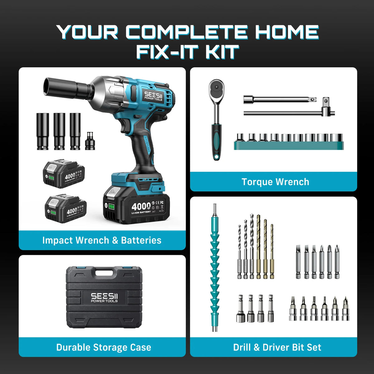 SEESII WH860 1300N.m 3-in-1 Impact Wrench &amp; Cordless Drill
