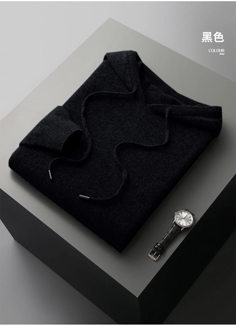 MVLYFLRT Men's 100% Merino Wool Sweater Hooded Collar Knitted Pullover Sweatshirt Autumn Winter Casual Large Tops Long Sleeved
