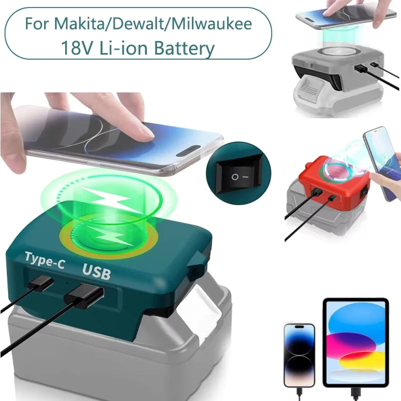 Li-ion Battery wireless Phone charger for Makita/Dewalt/Milwaukee18V with USB TYPE-C Port Fast charging Portable Power Bank