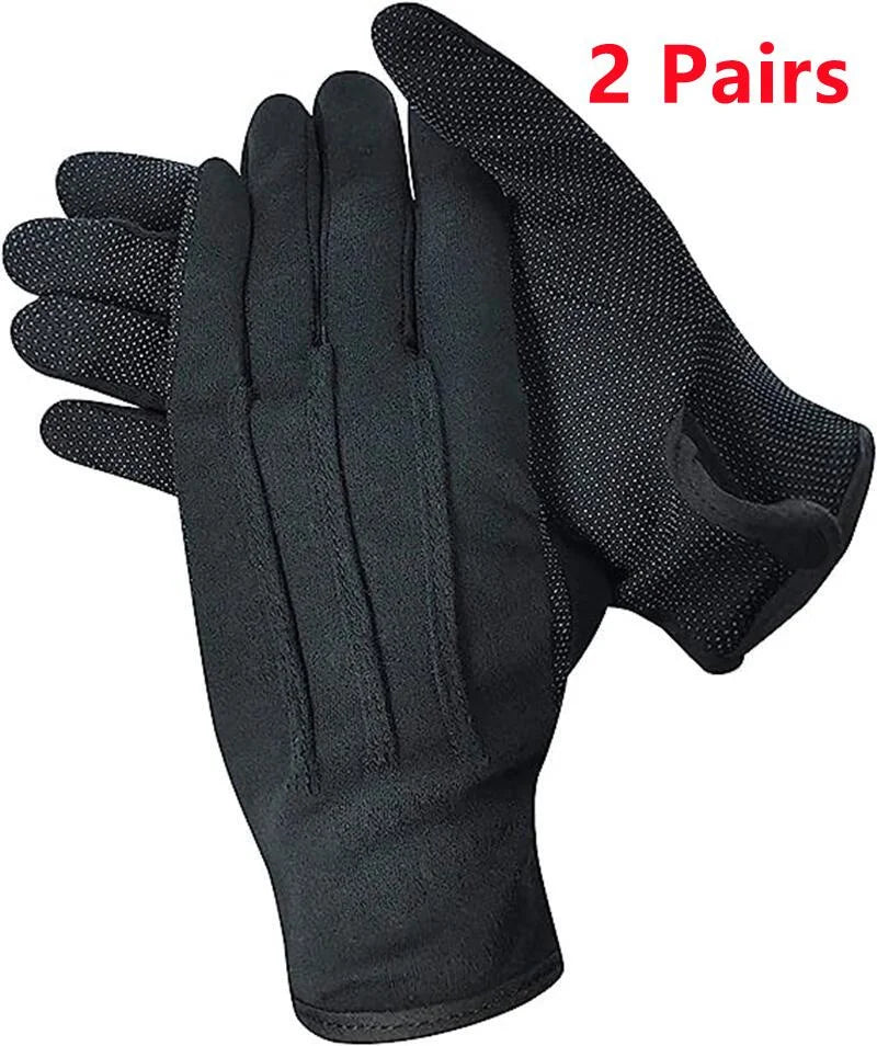 2 Pairs Cotton White Gloves Anti Slip Grip Dotted Men Parade Gloves Black Formal Cosplay Party Costume Driving Gloves Supplies