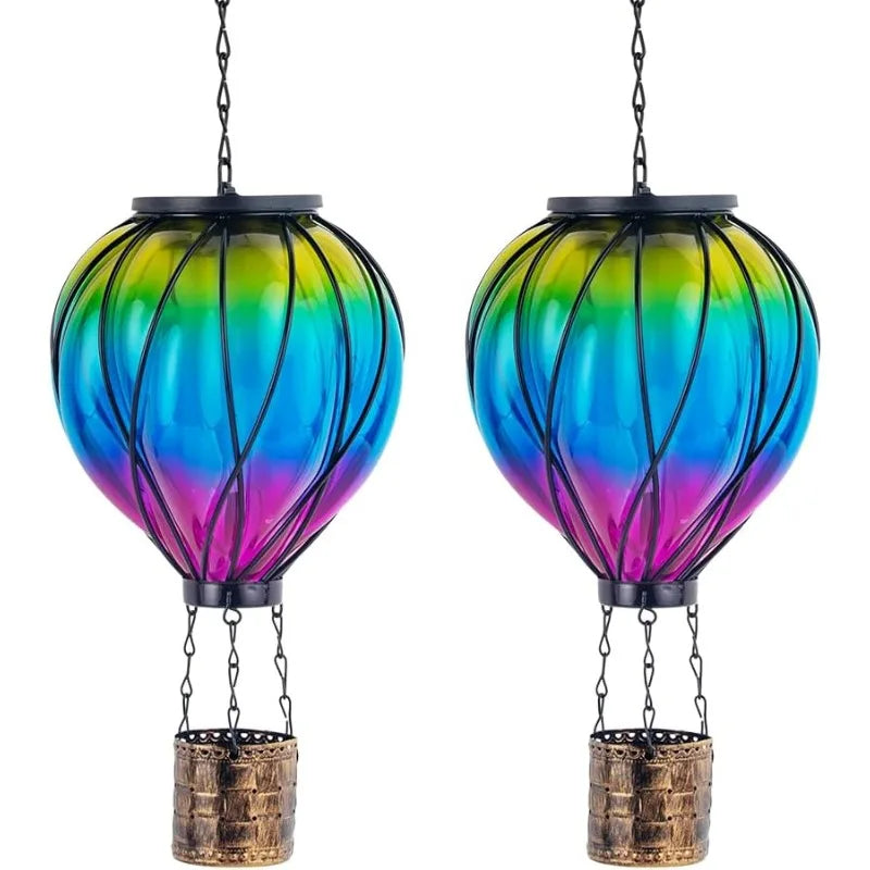 Vintage Solar Garden Lamp LED Flame Effect Hot Air Balloon Outdoor Decor Metal Glass Flickering Lawn Light Waterproof