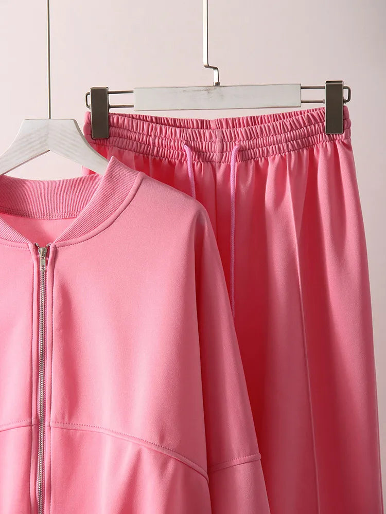 Gray Straight Pants Two Pieces Sets Women Outfit Long Sweatpants Street Wear Zipper Jacket Track Suits Sweatshirt Sets For Women