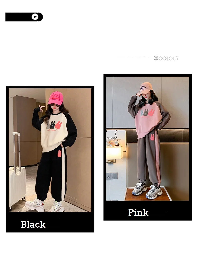 Girls Cotton Contrast Cartoon Alphabet Loose Sweatshirt+Sweatpant School Kids Tracksuit Child Jogger Outfit Workout Sets 5-16Yrs