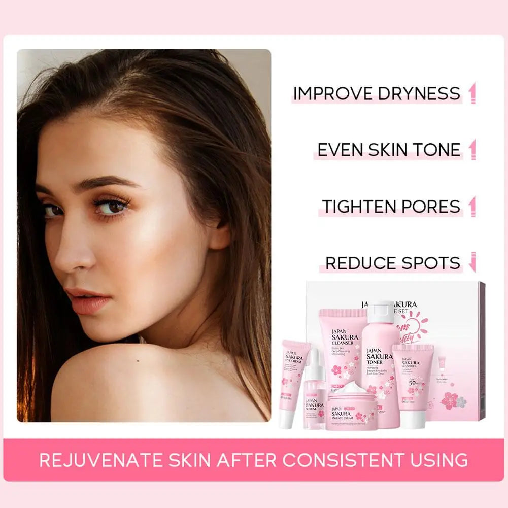 6PCs Sakura Skin Care Sets & Kits With Cleanser,Serum,Eye Cream,Sunscreen Cream Beauty Products For Women Gift Sets Routine Kit