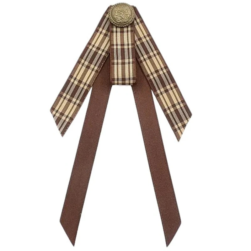 Ribbon Bowtie Brooch Pin Student Uniform Pre Tied Necktie Clip Vintage Brown Plaids Bowknot Corsage Shirt Jabot Collar