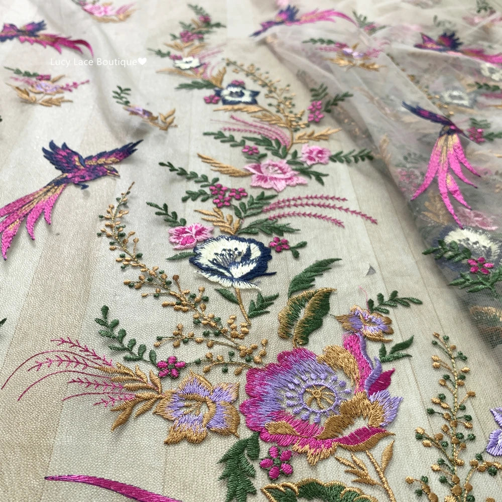 Fabric for Sewing Embroidery Birds Fabric Material for Clothes by Yard Fabric for Needlework Tulle Lace NEW 2023