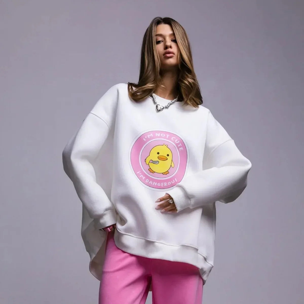 Bornladies Women's Loose Round Neck Sweatshirt Oversized Chic Printing Hoodies Casual Autumn Winter Warm Female Trendy PulloverT