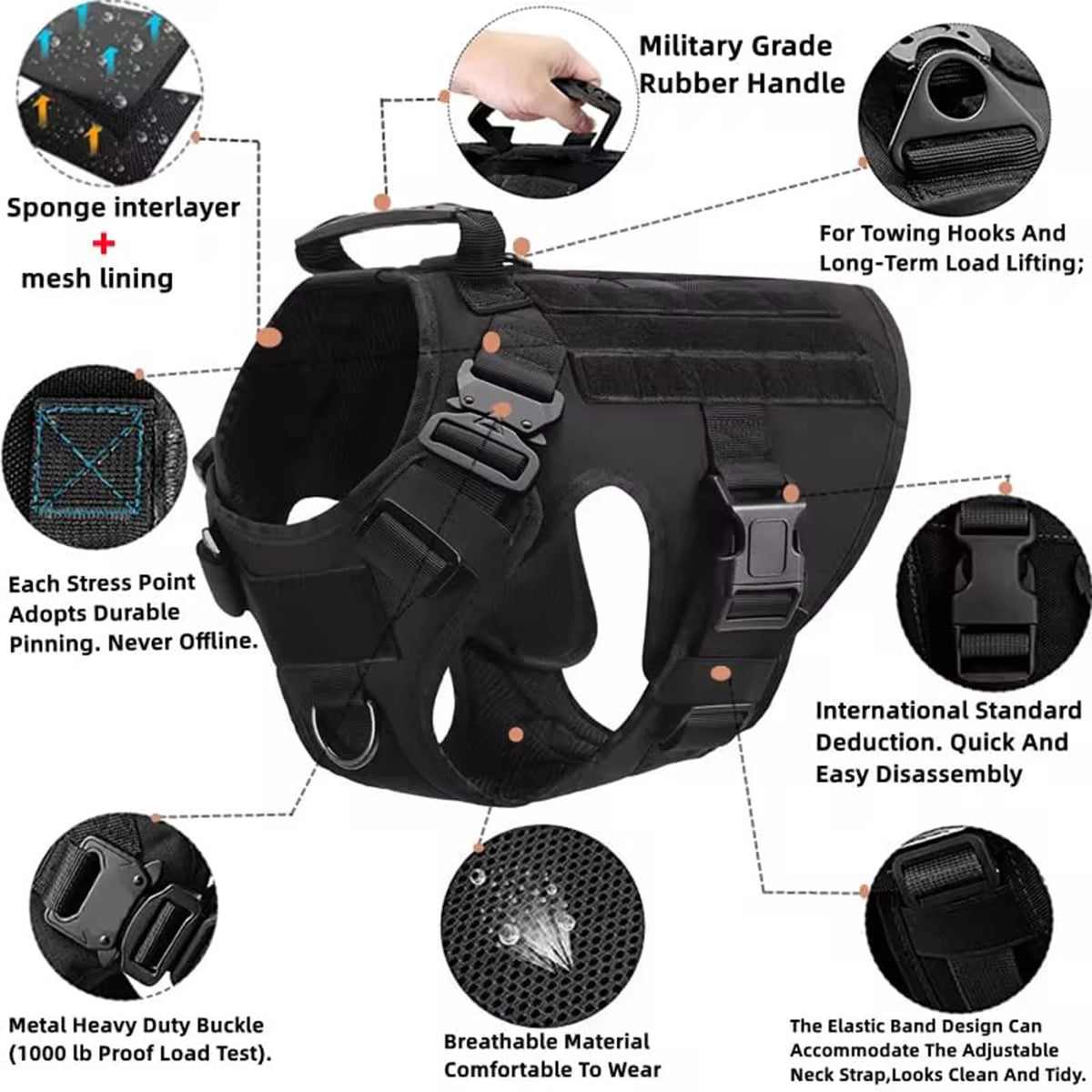 Tactical Dog Harness with Collar, Leash & Pouches