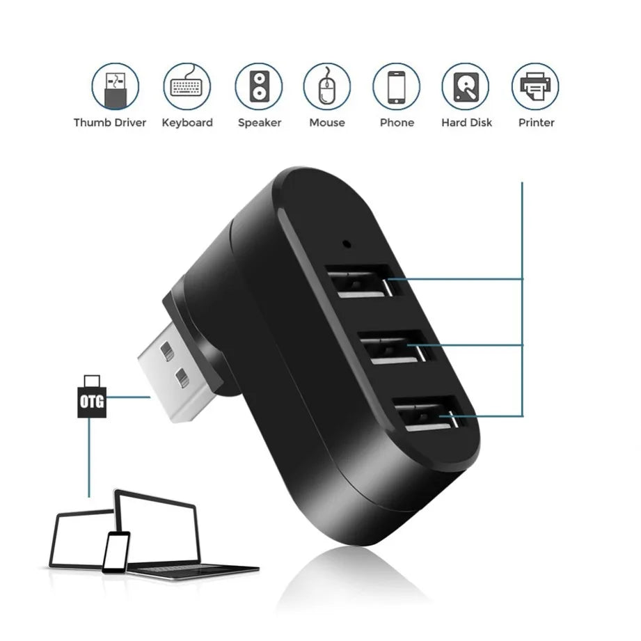 USB Hub 2.0 Adapter Rotate High Speed U Disk Reader Splitter 3