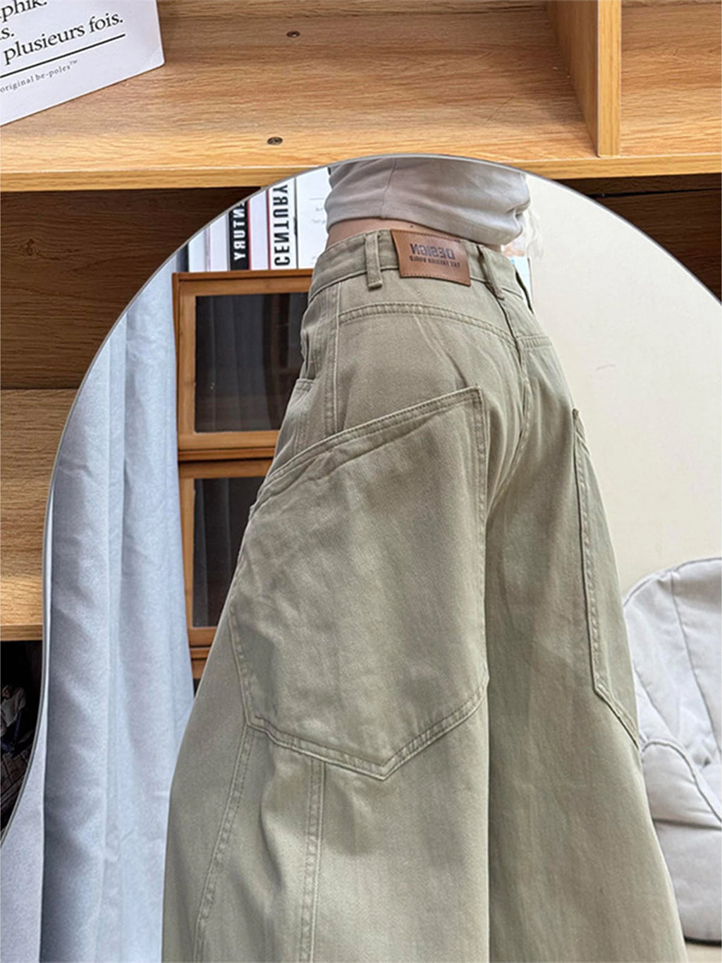 Women's Khaki Baggy Y2K Gyaru Jeans Retro Wide Leg Straight Denim