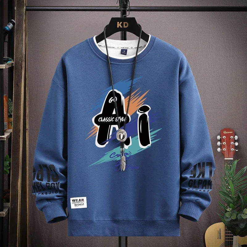 Autumn Men's Sweatshirt Trendy Printed Long Sleeve T-shirt Fashion Men's Clothing Khaki O Neck Harajuku Exclusive Design Top New