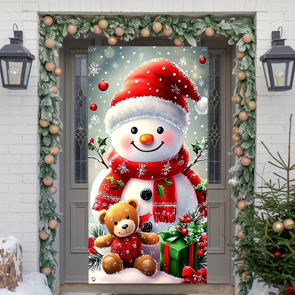 A 2D flat Christmas polyester door banner with a snowman and teddy bear design, suitable for festive party decoration