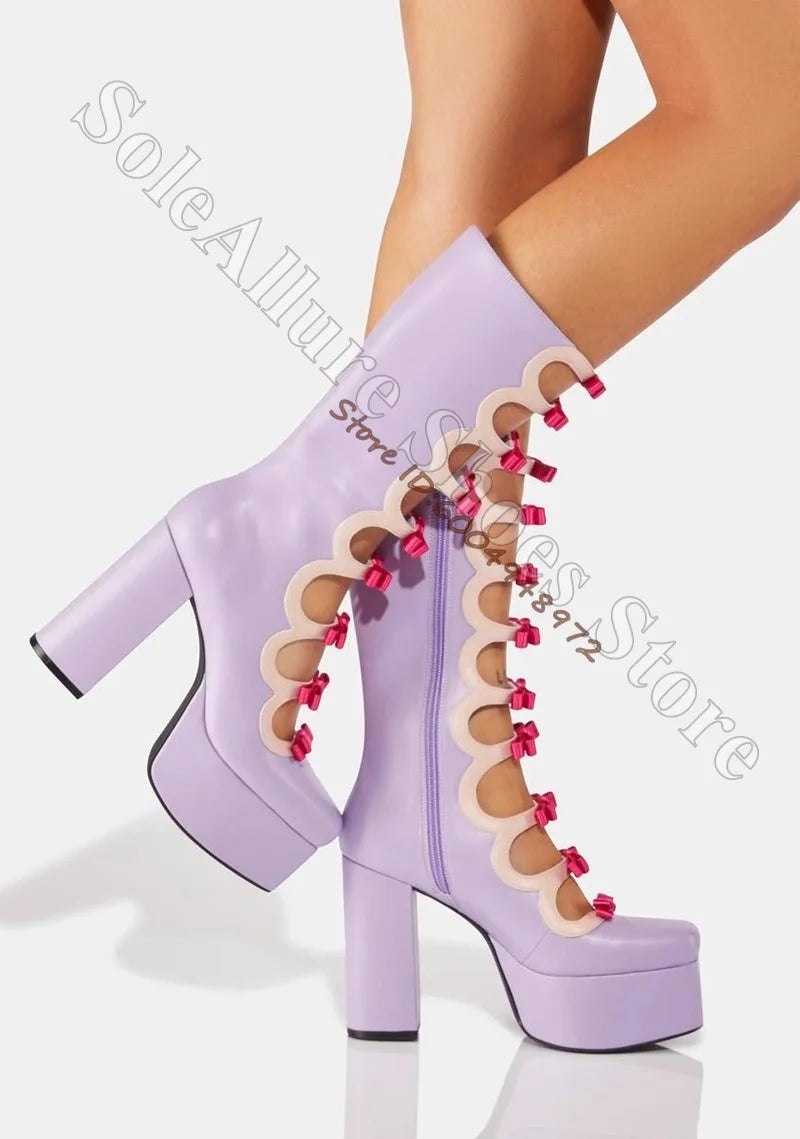 Hot Pink Bow Wavy Cutout Platform Knee High Boots Lilac Pastel