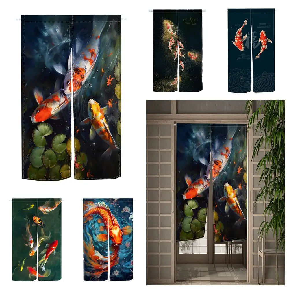 Japanese Koi Fish Door Curtain Fengshui Kitchen Bedroom Linen Doorway Curtain Entrance Hanging Half Curtain Partition Curtain