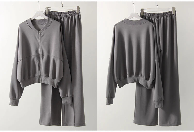 Gray Straight Pants Two Pieces Sets Women Outfit Long Sweatpants Street Wear Zipper Jacket Track Suits Sweatshirt Sets For Women
