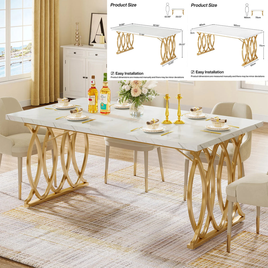 63-Inch Faux Marble Dining Table, White