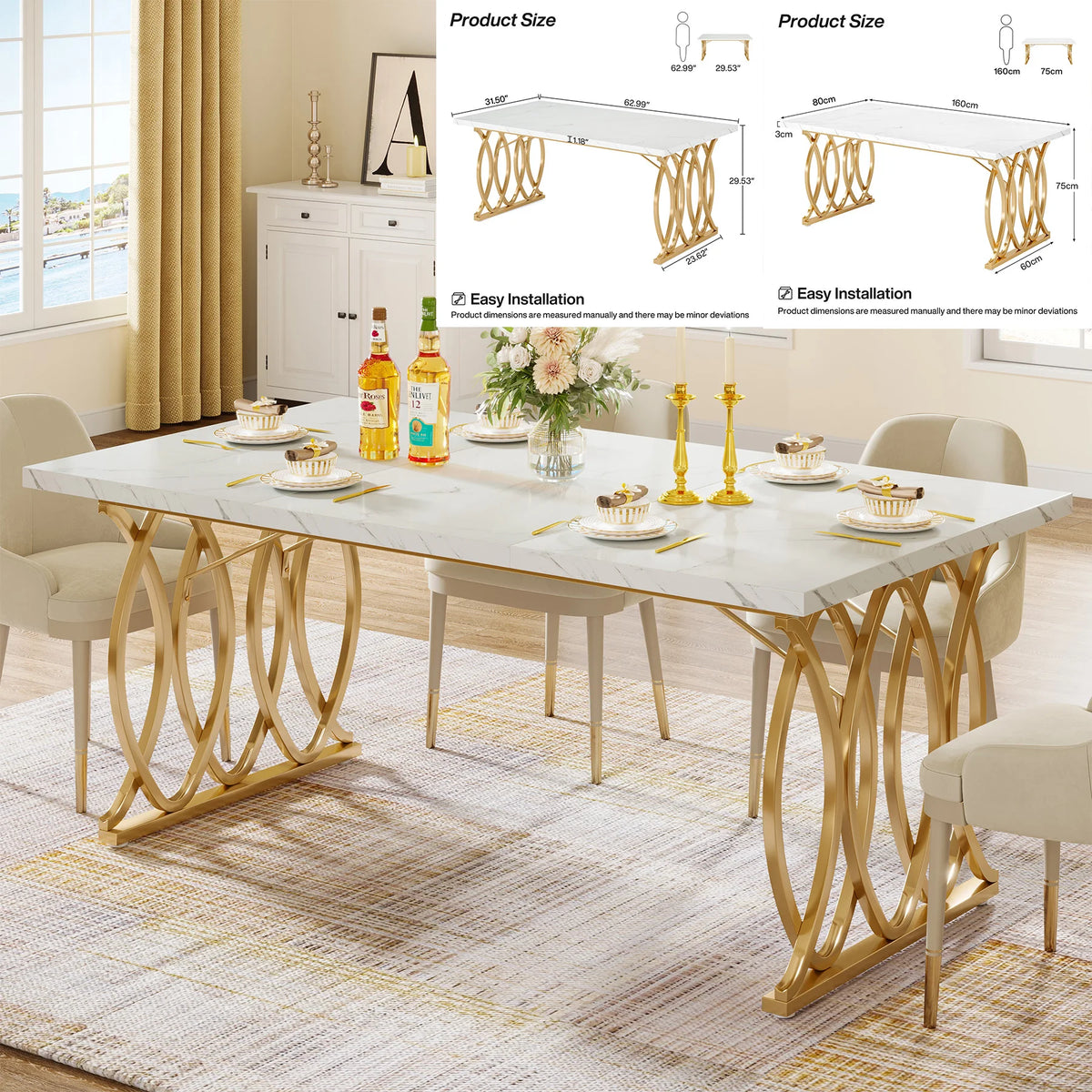 63-Inch Faux Marble Dining Table, White