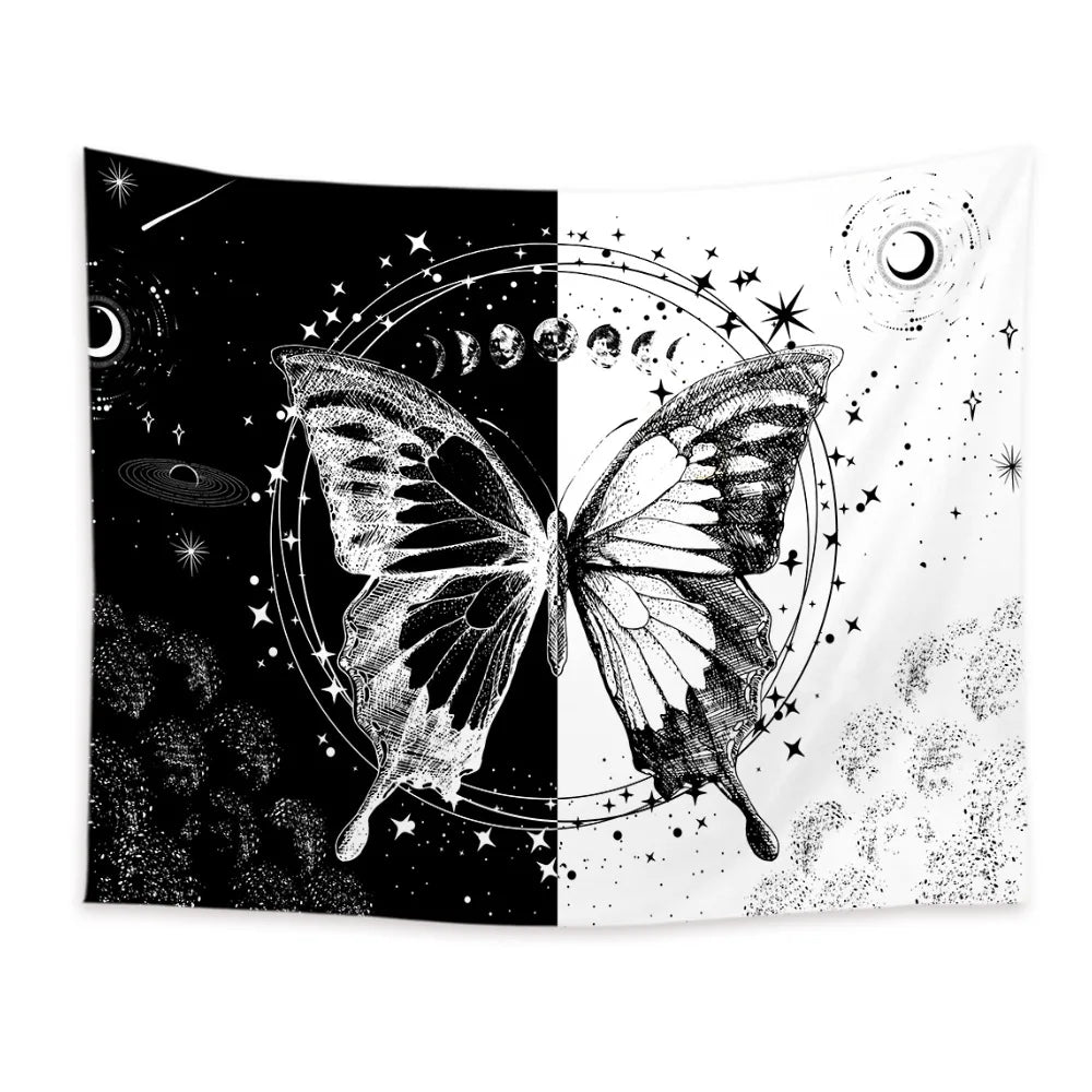 Butterflies and Moths Tapestry Black and White Flower Tapestry Wall Hanging Beach Blanket Romantic Bedroom Dorm Home Decor