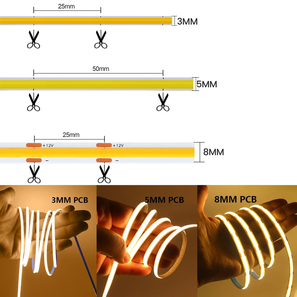 3mm 5mm 8mm PCB COB LED Strip Light 5V