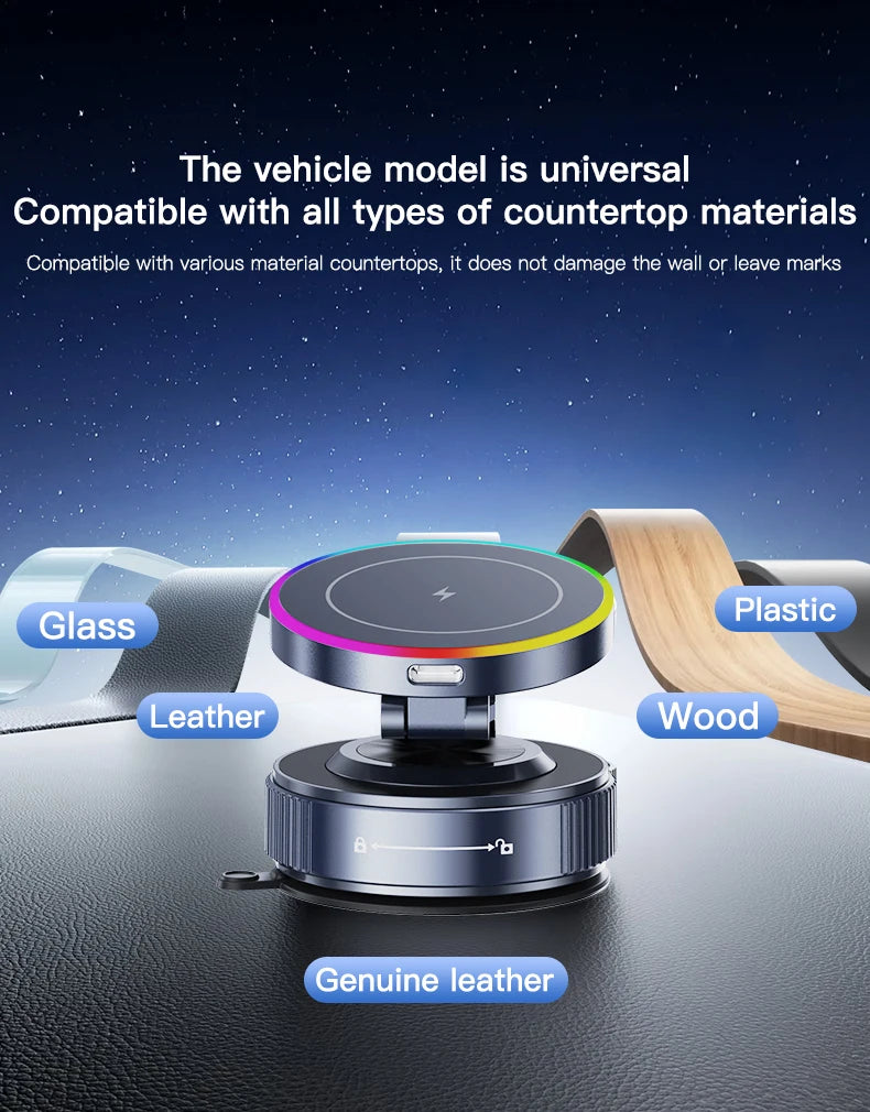 15W Car Magnetic Wireless Charger Vacuum Bracket Phone Holder for Magsafe iPhone 17~12 Pro Max Fast Charging Suction Cup Station