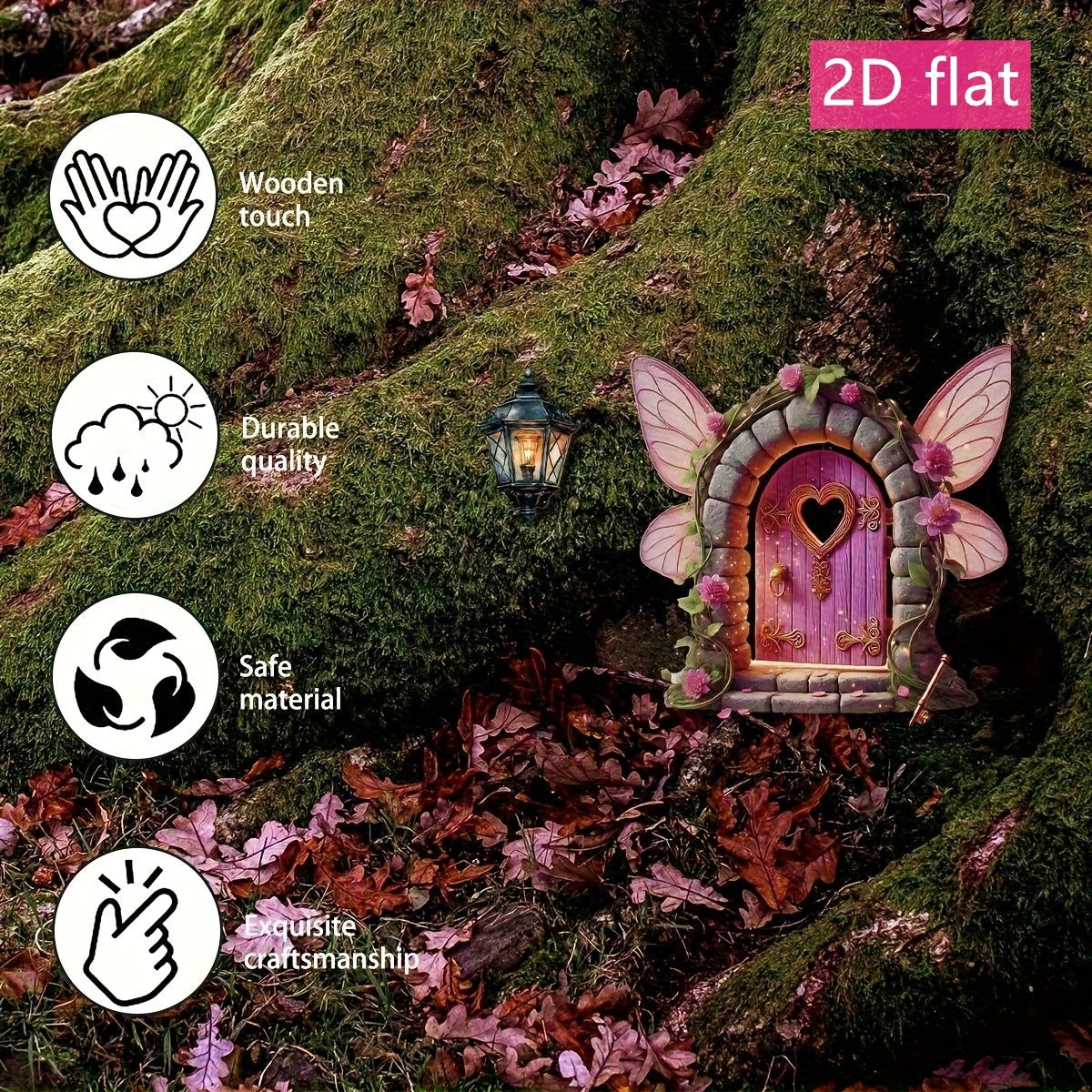 2D Flat Wooden Fairy Door Lantern Garden Mushroom House