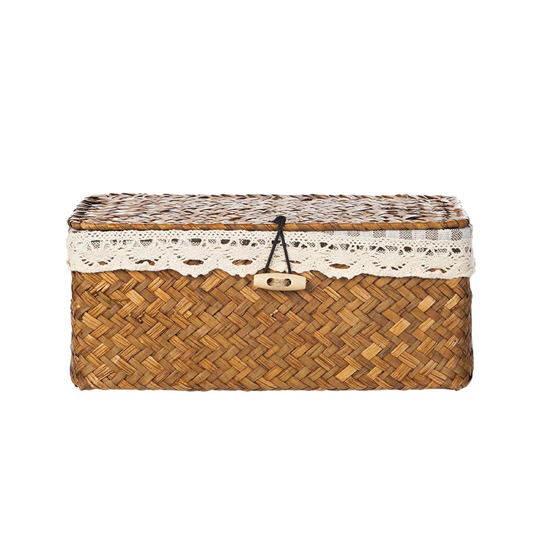 Wicker Basket with Lids Nautral Seagrass Storage Box Basket Woven Rectangular Bins Container Rattan Storage Kitchen Organizer