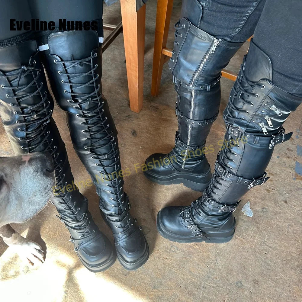 Y2K Alt Punk Over Knee Platform Boots Multi Metal Buckle Lace up