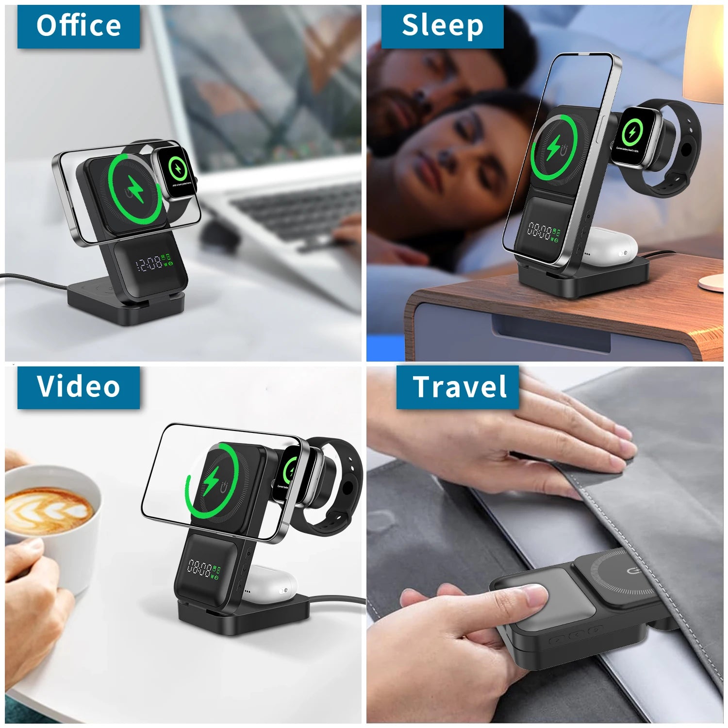 3in1 Foldable Wireless Charger Qi2 Multifunctional Stand Clock Wireless Charger Adapter Type-c Station For iPhone 16 15 Pro Max