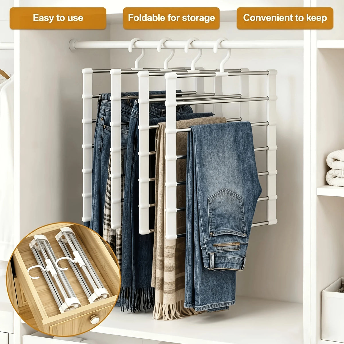 4Pcs Foldable 7‑Layer Plastic Pants Hanger Non Slip Wardrobe Storage Rack Space Saving Organizer For Jeans Leggings Scarves Clothes