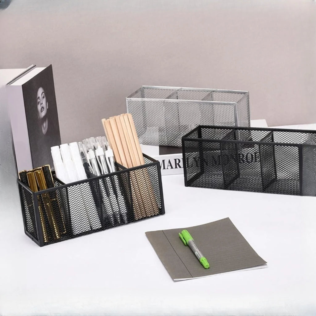 Metal Mesh Desk Organizer, Pen Holder, Pencil Holder, Office Supplies, 4 or 3 Compartments, Home and School Supplies, 1Pc