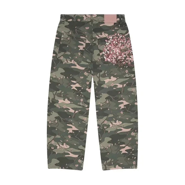 Mens Jeans Y2K Sakura Embroidery Camo Denim Pants Harajuku Unisex