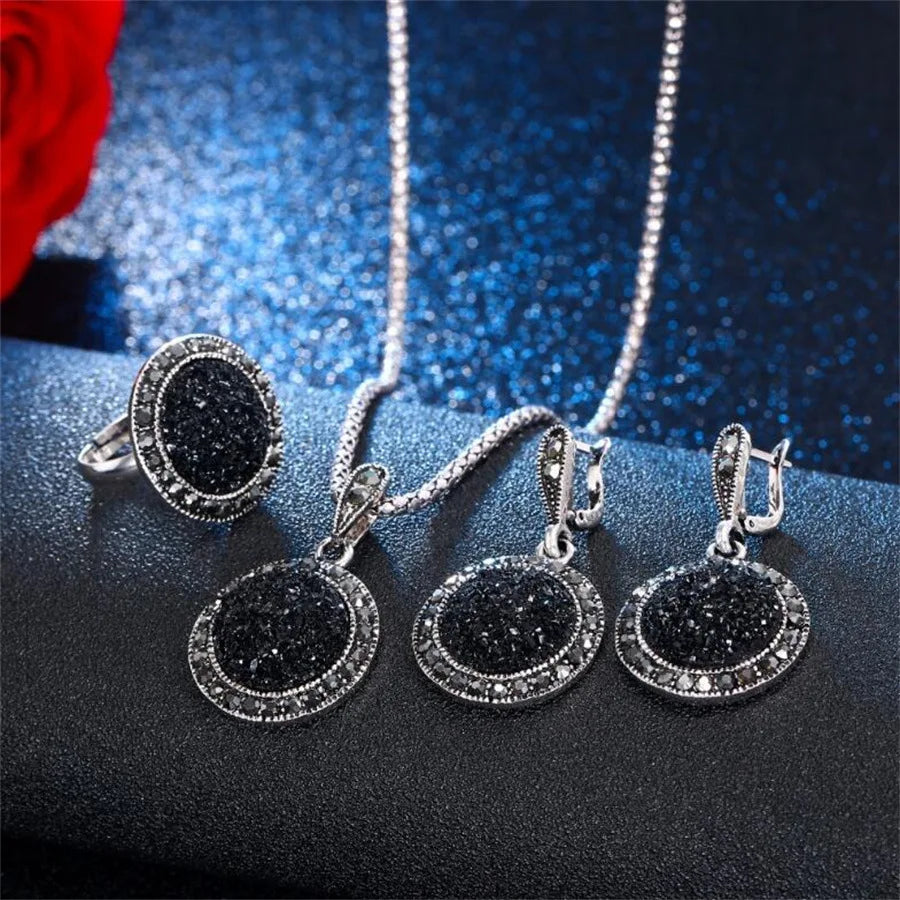 Fashion Black Ring Necklace Earrings Set Sparkling Charm Crystal